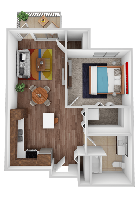 A top-down view of a small apartment with a living room, kitchen, and bathroom.